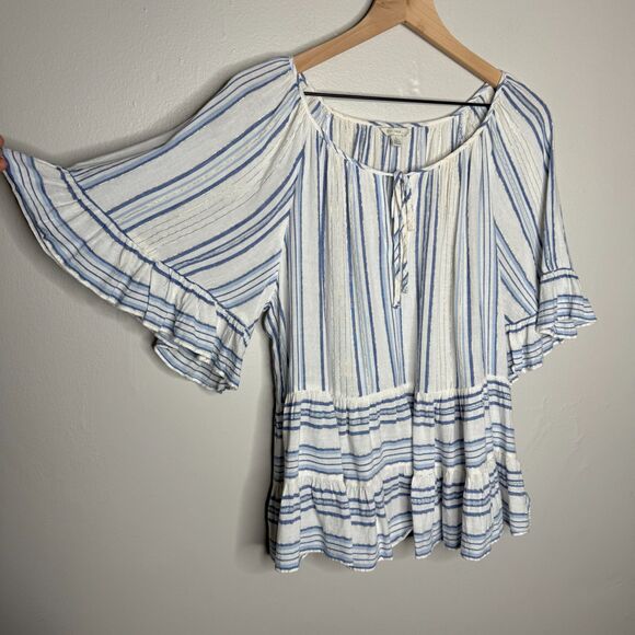 Cato Womens Blouse Large White Blue Gold Striped Boho‎ Ruffle Coastal Nautical - Picture 6 of 9